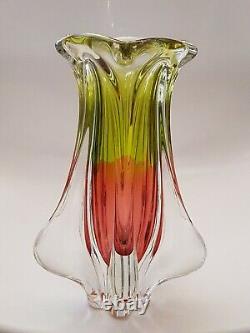 Vintage Large MURANO GLASS VASE Pink & Green Thick Heavy Glass (A15)