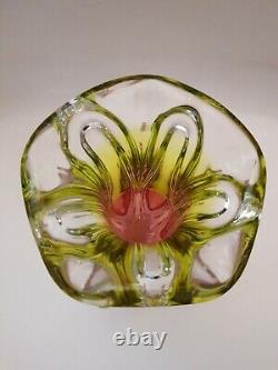 Vintage Large MURANO GLASS VASE Pink & Green Thick Heavy Glass (A15)