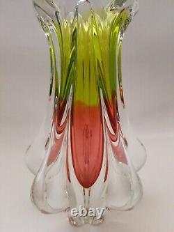 Vintage Large MURANO GLASS VASE Pink & Green Thick Heavy Glass (A15)