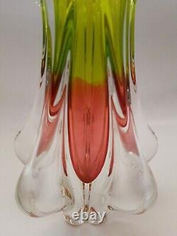 Vintage Large MURANO GLASS VASE Pink & Green Thick Heavy Glass (A15)