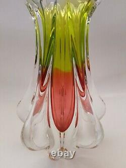 Vintage Large MURANO GLASS VASE Pink & Green Thick Heavy Glass (A15)