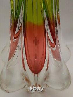 Vintage Large MURANO GLASS VASE Pink & Green Thick Heavy Glass (A15)