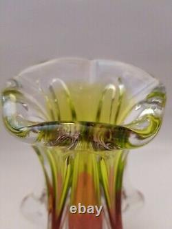 Vintage Large MURANO GLASS VASE Pink & Green Thick Heavy Glass (A15)
