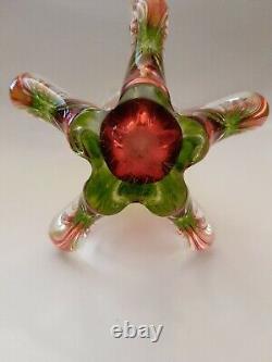Vintage Large MURANO GLASS VASE Pink & Green Thick Heavy Glass (A15)