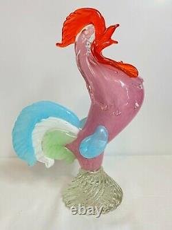 Vintage Large Murano Art Glass Rooster 16 Inches Tall Pink/Blue Italian Glass