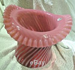 Vintage Large Pink Ruffled Edge Cranberry and white Spiral Optic Swirl Top Hat