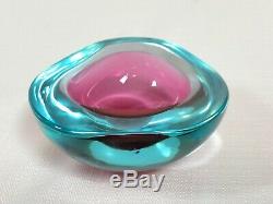 Vintage MCM Blue/Pink Murano Glass Sommerso Flat Cut Geode Bowl Cenedese 1960's