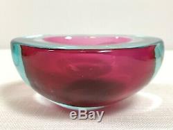 Vintage MCM Blue/Pink Murano Glass Sommerso Flat Cut Geode Bowl Cenedese 1960's