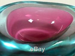 Vintage MCM Blue/Pink Murano Glass Sommerso Flat Cut Geode Bowl Cenedese 1960's