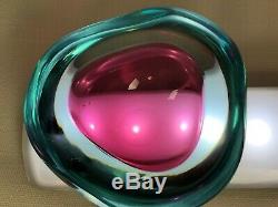 Vintage MCM Blue/Pink Murano Glass Sommerso Flat Cut Geode Bowl Cenedese 1960's