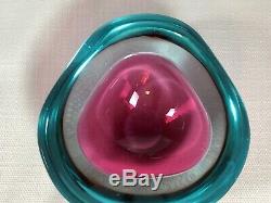 Vintage MCM Blue/Pink Murano Glass Sommerso Flat Cut Geode Bowl Cenedese 1960's