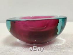 Vintage MCM Blue/Pink Murano Glass Sommerso Flat Cut Geode Bowl Cenedese 1960's