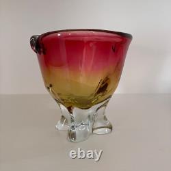 Vintage MCM Josef Hospodka Czech Art Glass Vase In Pink & Amber