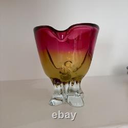 Vintage MCM Josef Hospodka Czech Art Glass Vase In Pink & Amber