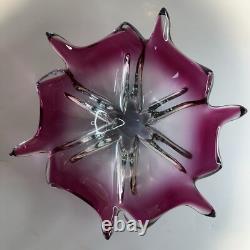 Vintage MCM Murano Cranberry Pink Art Glass Star Flower Bowl Italy Centerpiece