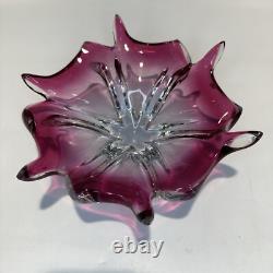 Vintage MCM Murano Cranberry Pink Art Glass Star Flower Bowl Italy Centerpiece