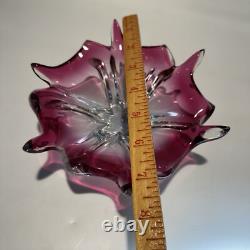 Vintage MCM Murano Cranberry Pink Art Glass Star Flower Bowl Italy Centerpiece