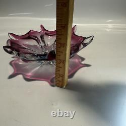 Vintage MCM Murano Cranberry Pink Art Glass Star Flower Bowl Italy Centerpiece