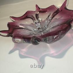 Vintage MCM Murano Cranberry Pink Art Glass Star Flower Bowl Italy Centerpiece
