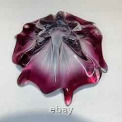 Vintage MCM Murano Cranberry Pink Art Glass Star Flower Bowl Italy Centerpiece