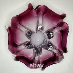 Vintage MCM Murano Cranberry Pink Art Glass Star Flower Bowl Italy Centerpiece