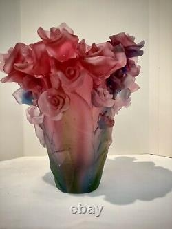 Vintage Magnificent Pate De Verre Rose Vase Pink-red Multi Ombré H7 Heavy 6.4lb