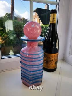 Vintage Maltese Mdina Mottled Pink & Blue Trail Art Glass Decanter/Bottle C1970s