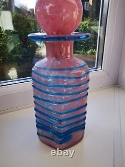 Vintage Maltese Mdina Mottled Pink & Blue Trail Art Glass Decanter/Bottle C1970s
