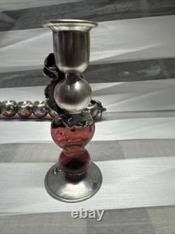 Vintage Menorah Chanukah Sterling Pink Art Glass Jewish Beautiful