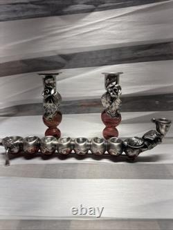 Vintage Menorah Chanukah Sterling Pink Art Glass Jewish Beautiful