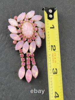 Vintage Molded Pink Art Glass Rhinestone Dog Tooth Prong Dangle Brooch Unsigned