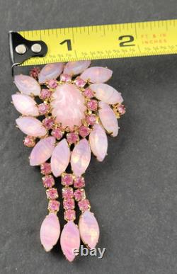 Vintage Molded Pink Art Glass Rhinestone Dog Tooth Prong Dangle Brooch Unsigned