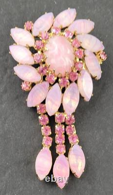 Vintage Molded Pink Art Glass Rhinestone Dog Tooth Prong Dangle Brooch Unsigned