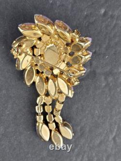 Vintage Molded Pink Art Glass Rhinestone Dog Tooth Prong Dangle Brooch Unsigned