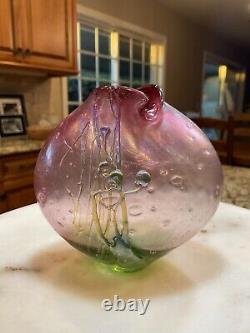 Vintage Mouth Blown Art Glass Vase, Signed Pink And Green