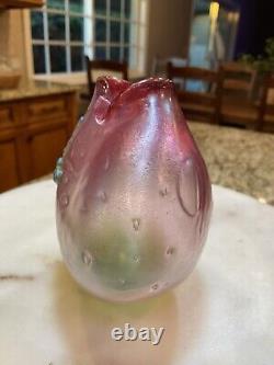 Vintage Mouth Blown Art Glass Vase, Signed Pink And Green