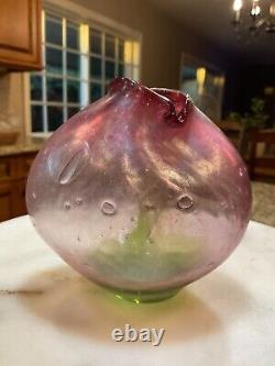 Vintage Mouth Blown Art Glass Vase, Signed Pink And Green