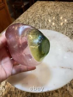 Vintage Mouth Blown Art Glass Vase, Signed Pink And Green