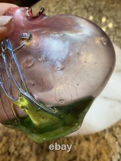 Vintage Mouth Blown Art Glass Vase, Signed Pink And Green