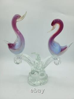 Vintage Murano 2 Art Glass Birds On Branch Love Birds Pink Blue Opaline Swans