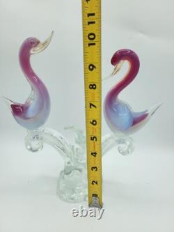 Vintage Murano 2 Art Glass Birds On Branch Love Birds Pink Blue Opaline Swans