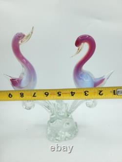 Vintage Murano 2 Art Glass Birds On Branch Love Birds Pink Blue Opaline Swans