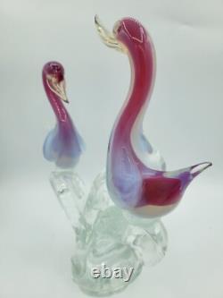 Vintage Murano 2 Art Glass Birds On Branch Love Birds Pink Blue Opaline Swans