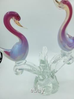Vintage Murano 2 Art Glass Birds On Branch Love Birds Pink Blue Opaline Swans