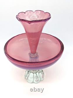 Vintage Murano Art Glass Epergne Vase Console Centerpiece Pink Clear Pedestal