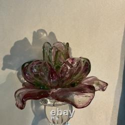 Vintage Murano Art Glass Floriform Candlestick Pink Green Rose Tulip Flower 10