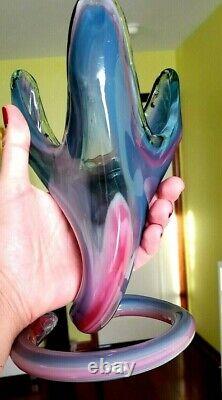 Vintage Murano Art Glass Hand Blown Coil Pedestal Vase Pink and Blue