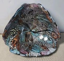 Vintage Murano Art Glass Iridescent Shell Bowl Italy 1960's Teal Pink Orange