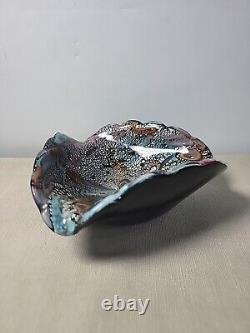 Vintage Murano Art Glass Iridescent Shell Bowl Italy 1960's Teal Pink Orange