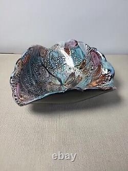 Vintage Murano Art Glass Iridescent Shell Bowl Italy 1960's Teal Pink Orange